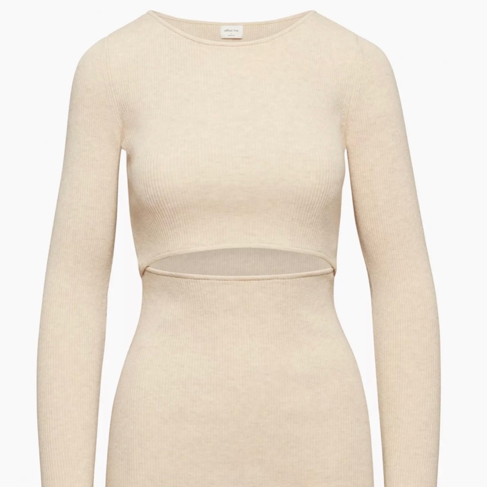 Wilfred Free CUT-OUT KNIT LONGSLEEVE DRESS. In colour “heather flax beige”.